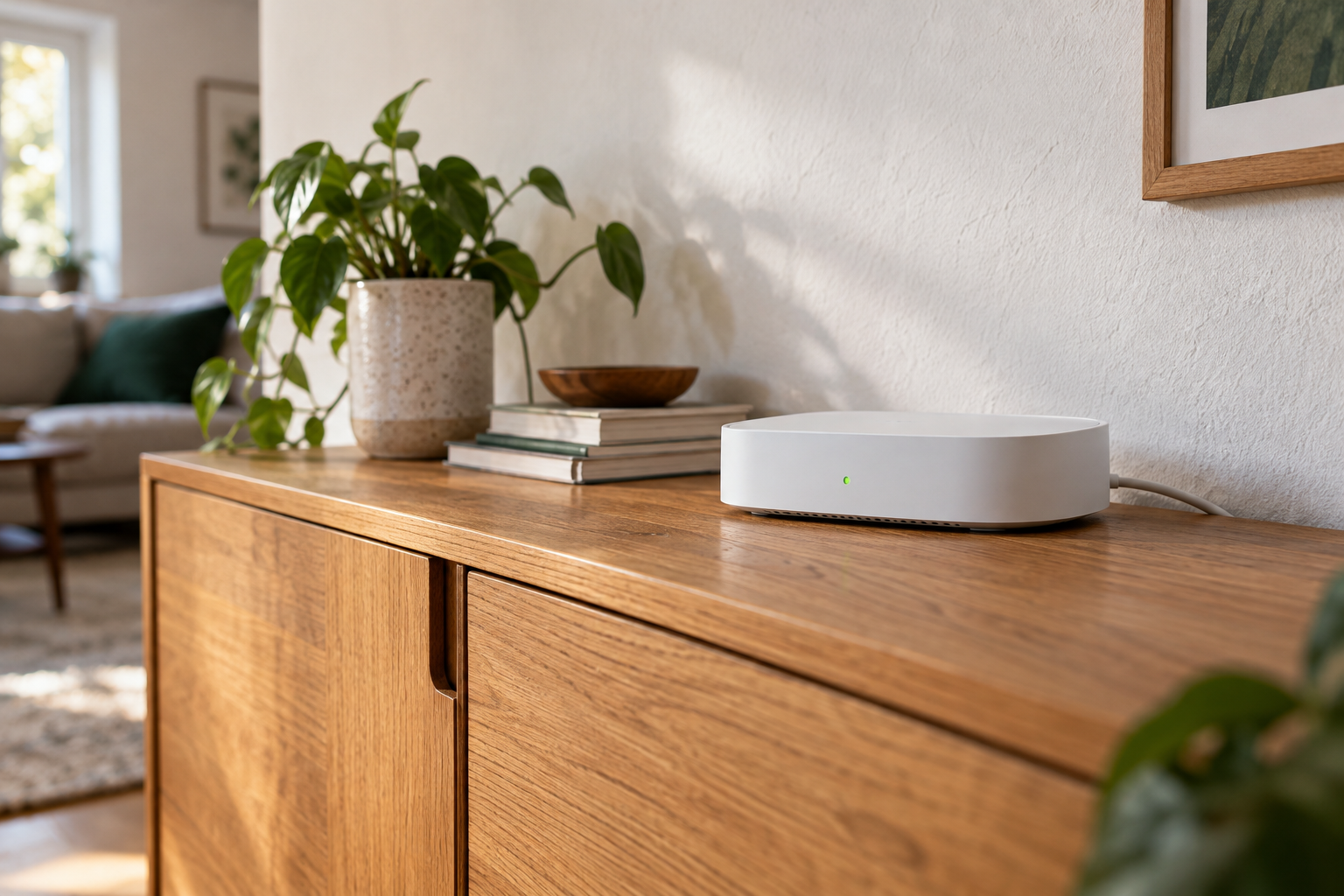 A Wi-Fi router on a wooden sideboard in a bright home